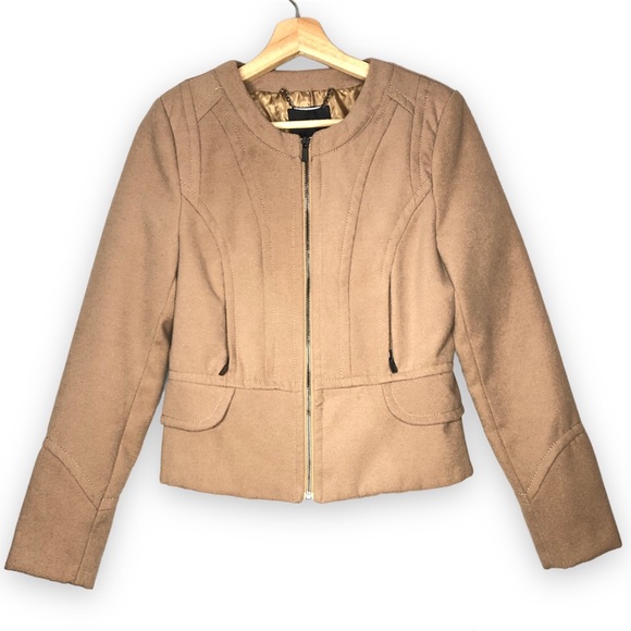 EXPRESS Women's Tan Zip-up Jacket Blazer Crew Neck Long Sleeves office career - Picture 2 of 8